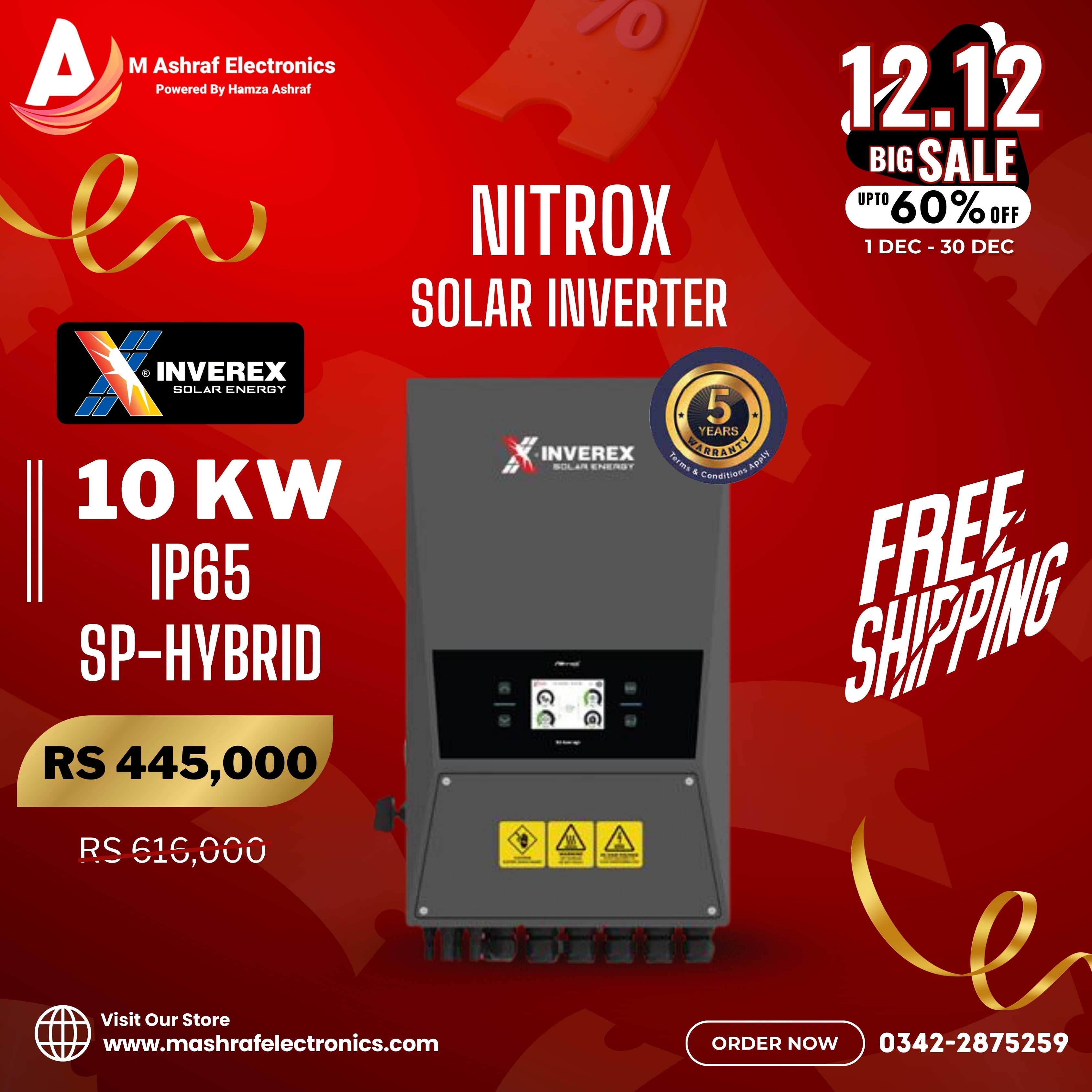 INVEREX NITROX  HYBRID 10 KW SP-5G  IP65 PV16000 5 Year Warranty M Ashraf Electronics