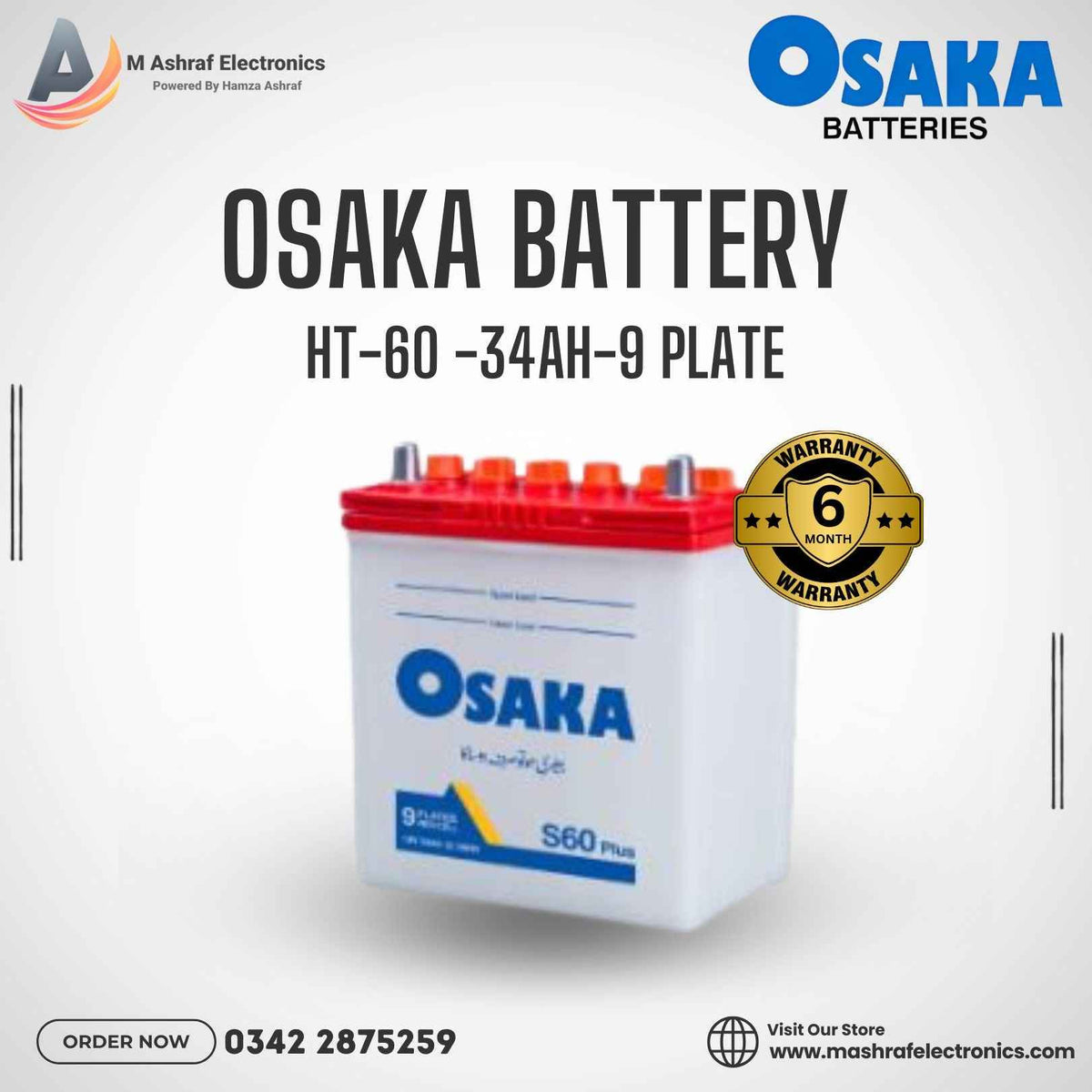 Osaka HT 60 R/L 9 Plates 34AH Battery 06 months Warranty Acid Battery